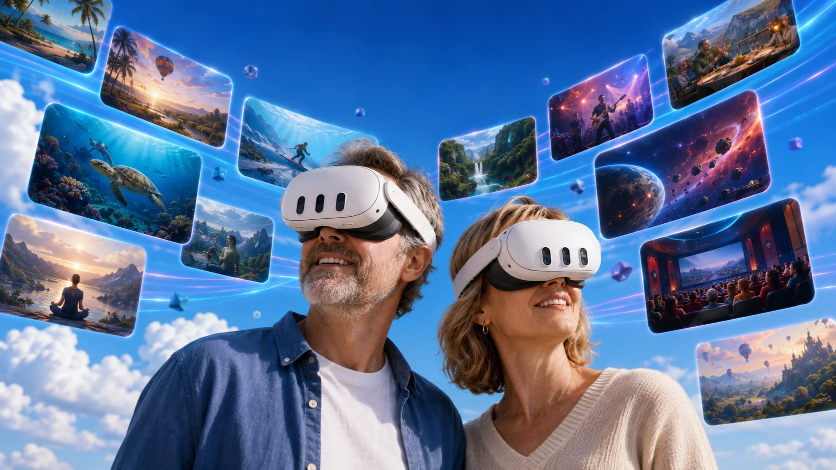 Люди в VR-шлемах среди контентных лент